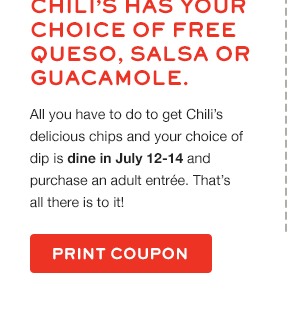 Choose Queso, Salsa or Guacamole. Chiliâ€™s delicious chips and your choice of dipâ€